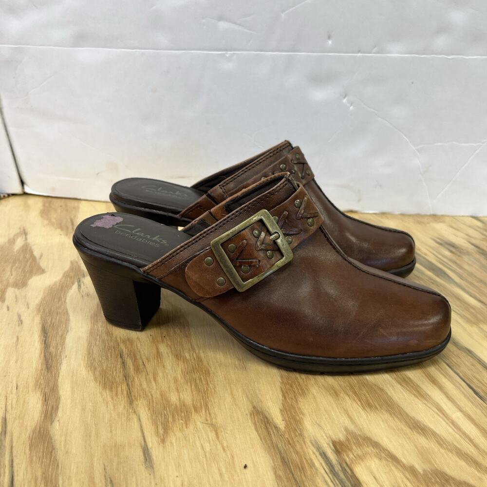 Clarks Bendables Leather Mule Shoe Womens 8M Brown Buckle Clog Y2K Boho Western